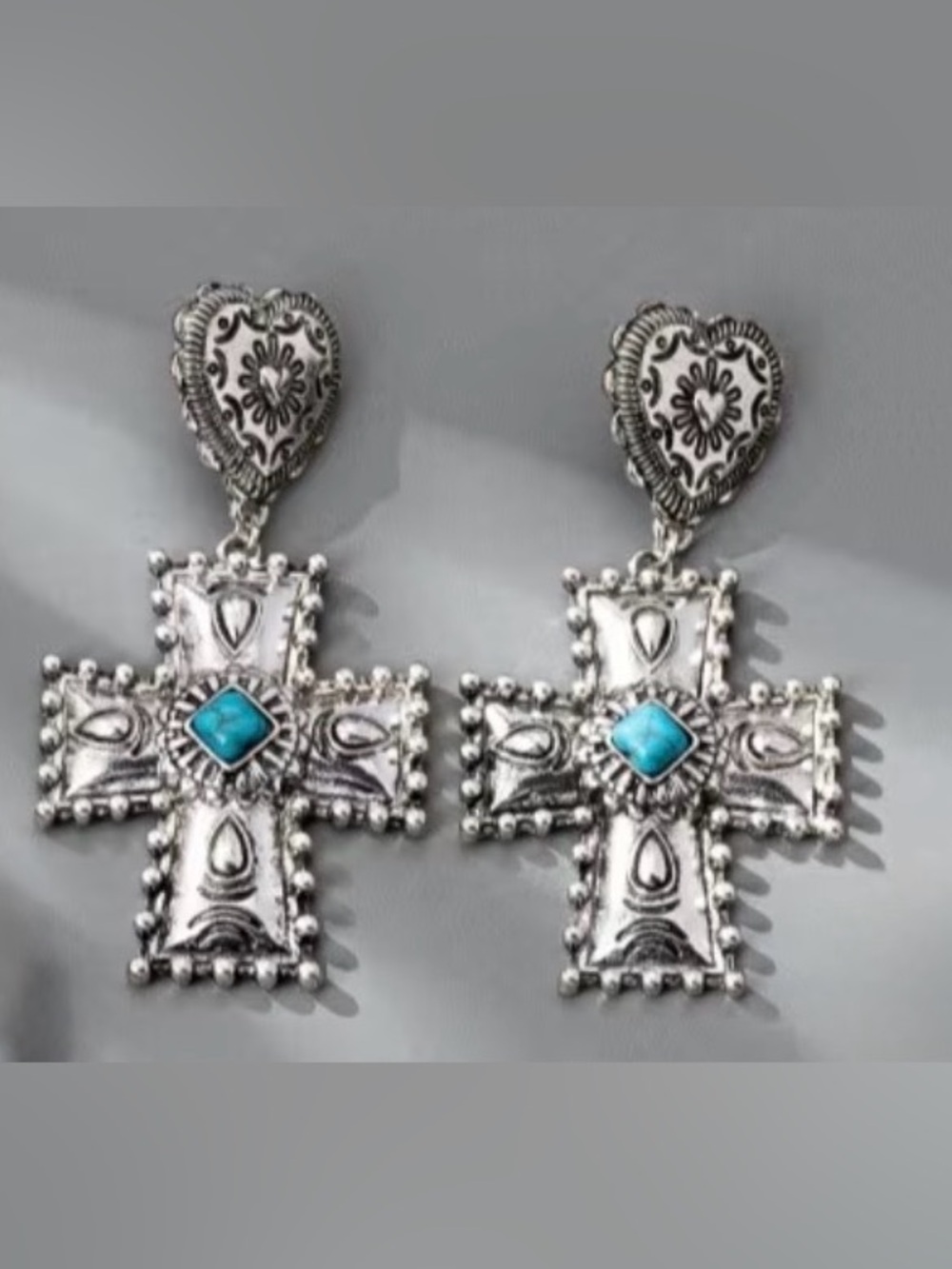 Western Silver Heart-Top Cross Drop Earrings with Turquoise Accent Cowgirl - Picture 3 of 6